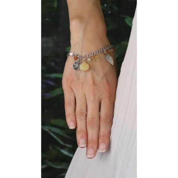 Sterling Silver Leaf Charm Bracelet Orange, Red,Yellow, Quartz Beads 7 inch - Picture 3 of 9